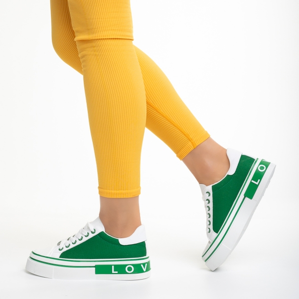 Γυναικεία αθλητικά παπούτσια λευκά  με πράσινο από οικολογικό δέρμα και ύφασμα Calandra, 3 - Kalapod.gr