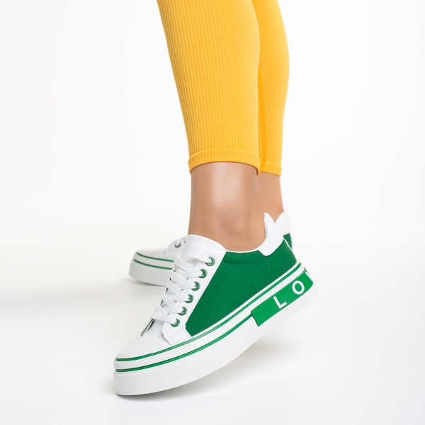 Γυναικεία αθλητικά παπούτσια λευκά  με πράσινο από οικολογικό δέρμα και ύφασμα Calandra, 4 - Kalapod.gr