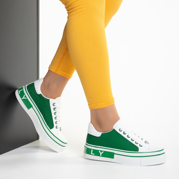 Γυναικεία αθλητικά παπούτσια λευκά  με πράσινο από οικολογικό δέρμα και ύφασμα Calandra, 5 - Kalapod.gr