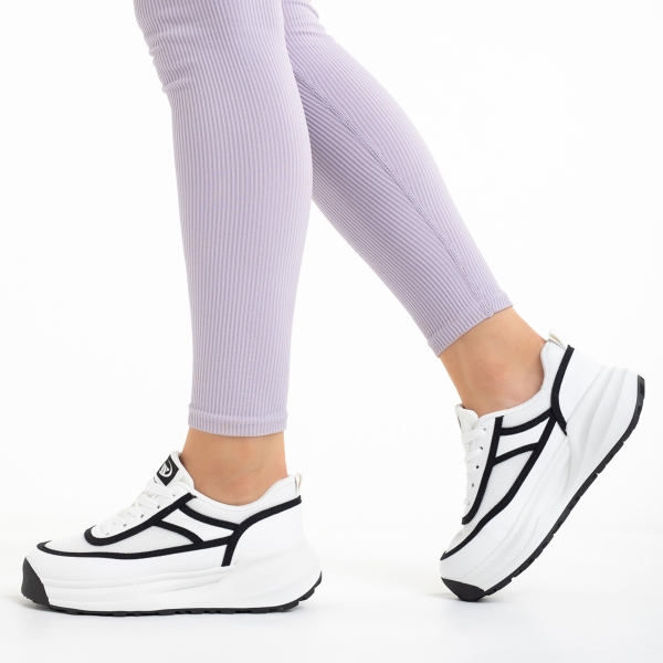 Γυναικεία αθλητικά παπούτσια λευκά με μαύρο από οικολογικό δέρμα και ύφασμα Sarina, 3 - Kalapod.gr