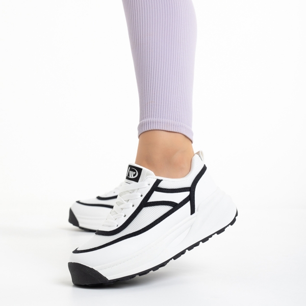 Γυναικεία αθλητικά παπούτσια λευκά με μαύρο από οικολογικό δέρμα και ύφασμα Sarina - Kalapod.gr