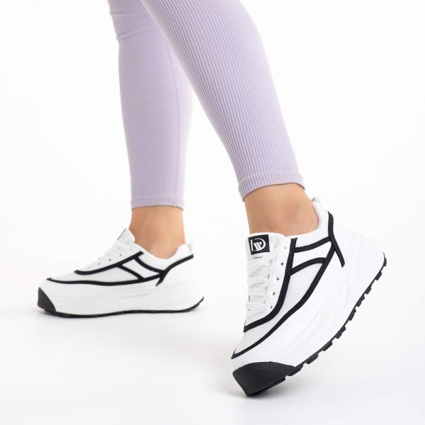 Γυναικεία αθλητικά παπούτσια λευκά με μαύρο από οικολογικό δέρμα και ύφασμα Sarina, 4 - Kalapod.gr