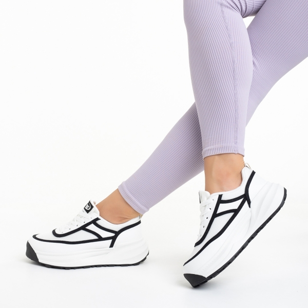 Γυναικεία αθλητικά παπούτσια λευκά με μαύρο από οικολογικό δέρμα και ύφασμα Sarina, 5 - Kalapod.gr