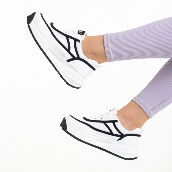 Γυναικεία αθλητικά παπούτσια λευκά με μαύρο από οικολογικό δέρμα και ύφασμα Sarina, 6 - Kalapod.gr