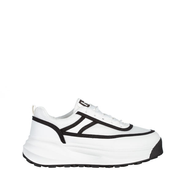 Γυναικεία αθλητικά παπούτσια λευκά με μαύρο από οικολογικό δέρμα και ύφασμα Sarina, 2 - Kalapod.gr