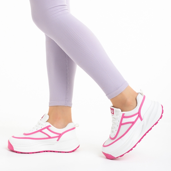 Γυναικεία αθλητικά παπούτσια λευκά  με ροζ από οικολογικό δέρμα και ύφασμα Sarina, 3 - Kalapod.gr