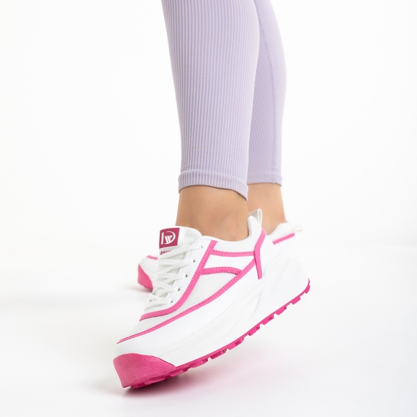 Γυναικεία αθλητικά παπούτσια λευκά  με ροζ από οικολογικό δέρμα και ύφασμα Sarina - Kalapod.gr