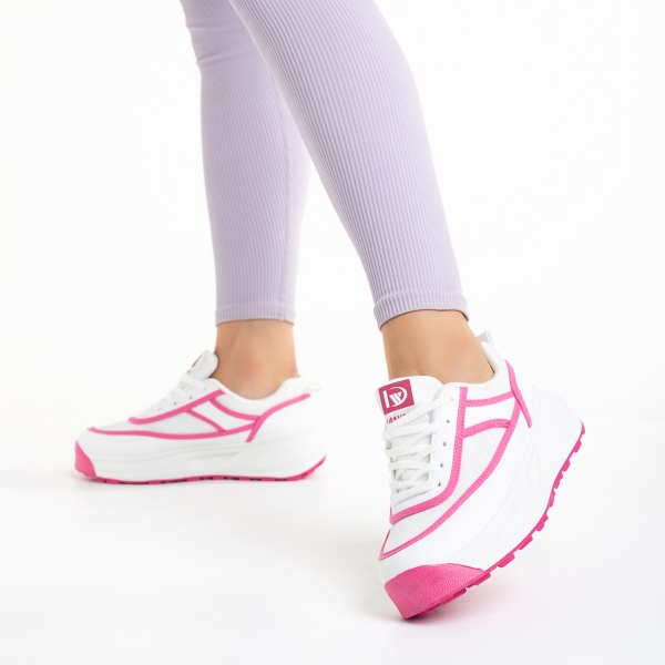 Γυναικεία αθλητικά παπούτσια λευκά  με ροζ από οικολογικό δέρμα και ύφασμα Sarina, 4 - Kalapod.gr