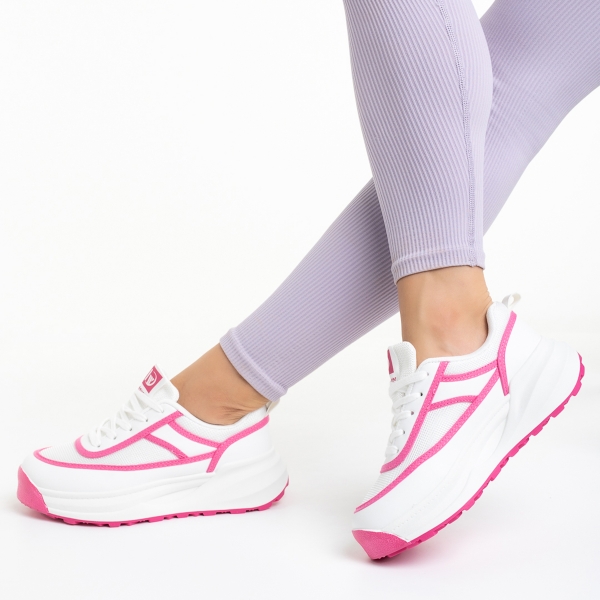 Γυναικεία αθλητικά παπούτσια λευκά  με ροζ από οικολογικό δέρμα και ύφασμα Sarina, 5 - Kalapod.gr