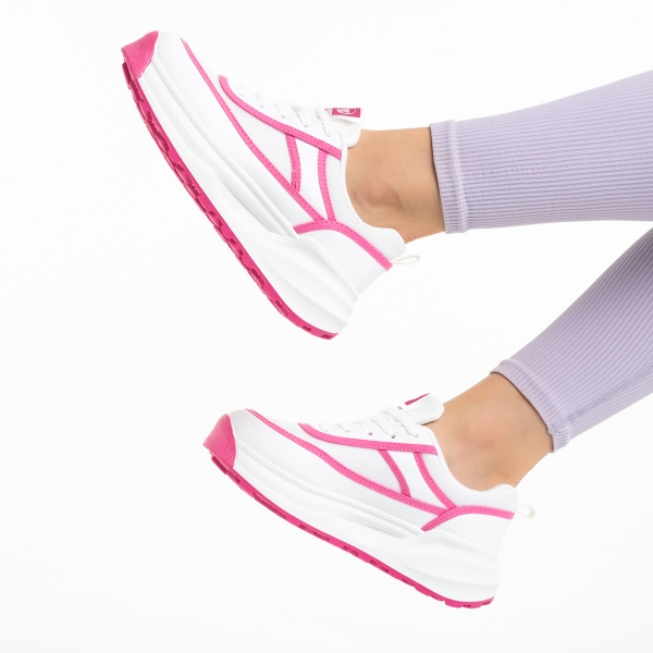 Γυναικεία αθλητικά παπούτσια λευκά  με ροζ από οικολογικό δέρμα και ύφασμα Sarina, 6 - Kalapod.gr