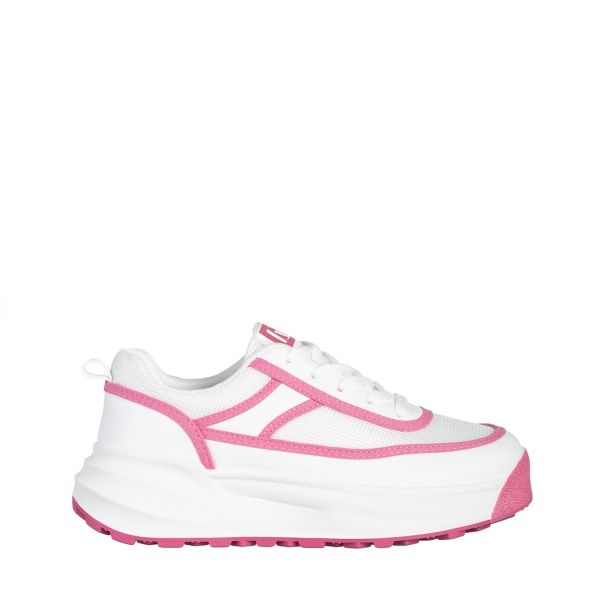 Γυναικεία αθλητικά παπούτσια λευκά  με ροζ από οικολογικό δέρμα και ύφασμα Sarina, 2 - Kalapod.gr