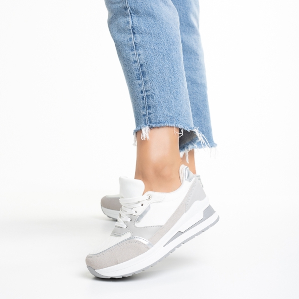 Γυναικεία αθλητικά παπούτσια γκρί με λευκό από οικολογικό δέρμα και ύφασμα Ryver, 5 - Kalapod.gr