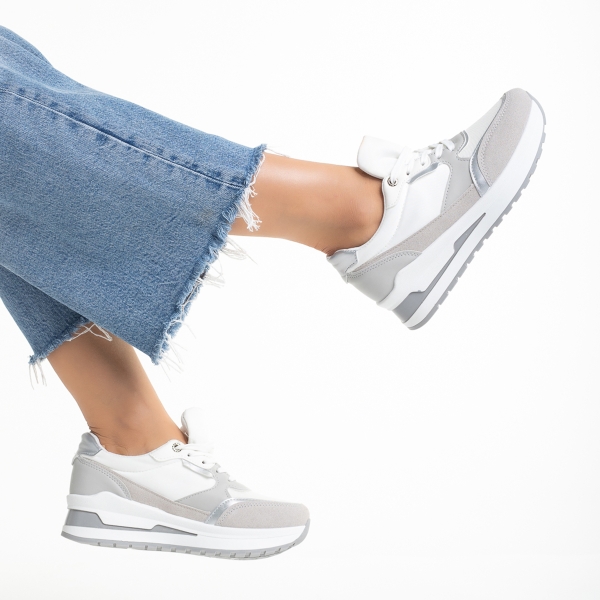 Γυναικεία αθλητικά παπούτσια γκρί με λευκό από οικολογικό δέρμα και ύφασμα Ryver, 6 - Kalapod.gr