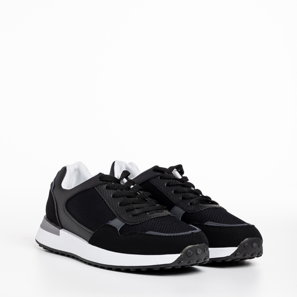 Ανδρικά αθλητικά παπούτσια μαύρα από οικολογικό δέρμα και ύφασμα Logan, 3 - Kalapod.gr