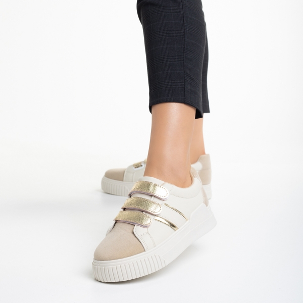 Γυναικεία αθλητικά παπούτσια  λευκά cu μπεζ ανοιχτό από οικολογικό δέρμα   Oakley - Kalapod.gr