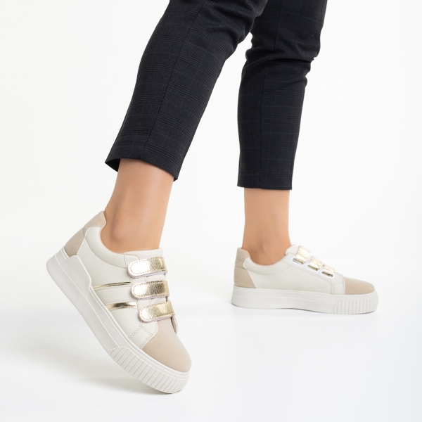 Γυναικεία αθλητικά παπούτσια  λευκά cu μπεζ ανοιχτό από οικολογικό δέρμα   Oakley, 4 - Kalapod.gr