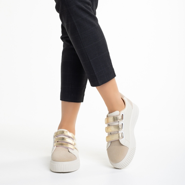 Γυναικεία αθλητικά παπούτσια  λευκά cu μπεζ ανοιχτό από οικολογικό δέρμα   Oakley, 5 - Kalapod.gr