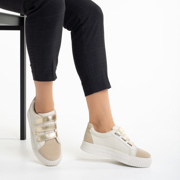 Γυναικεία αθλητικά παπούτσια  λευκά cu μπεζ ανοιχτό από οικολογικό δέρμα   Oakley, 6 - Kalapod.gr