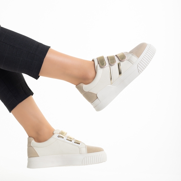 Γυναικεία αθλητικά παπούτσια  λευκά cu μπεζ ανοιχτό από οικολογικό δέρμα   Oakley, 3 - Kalapod.gr