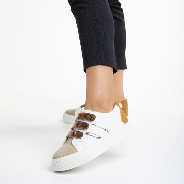 Γυναικεία αθλητικά παπούτσια  λευκά cu μπεζ σκούρο από οικολογικό δέρμα   Oakley - Kalapod.gr