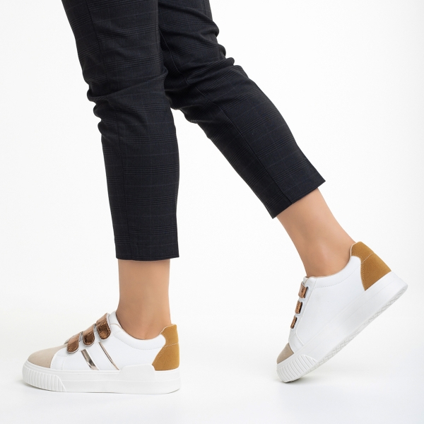 Γυναικεία αθλητικά παπούτσια  λευκά cu μπεζ σκούρο από οικολογικό δέρμα   Oakley, 3 - Kalapod.gr