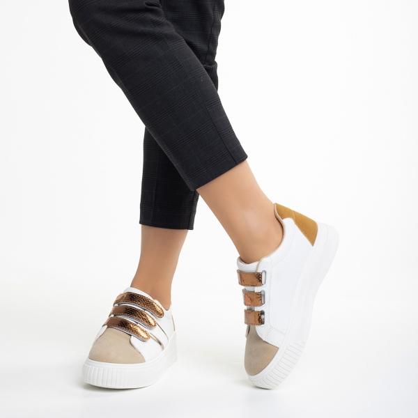Γυναικεία αθλητικά παπούτσια  λευκά cu μπεζ σκούρο από οικολογικό δέρμα   Oakley, 4 - Kalapod.gr