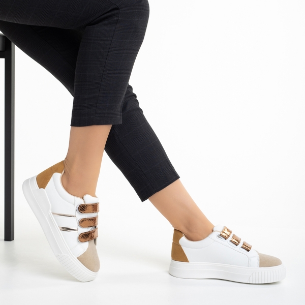 Γυναικεία αθλητικά παπούτσια  λευκά cu μπεζ σκούρο από οικολογικό δέρμα   Oakley, 5 - Kalapod.gr