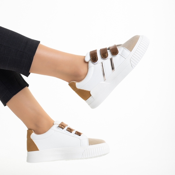 Γυναικεία αθλητικά παπούτσια  λευκά cu μπεζ σκούρο από οικολογικό δέρμα   Oakley, 6 - Kalapod.gr