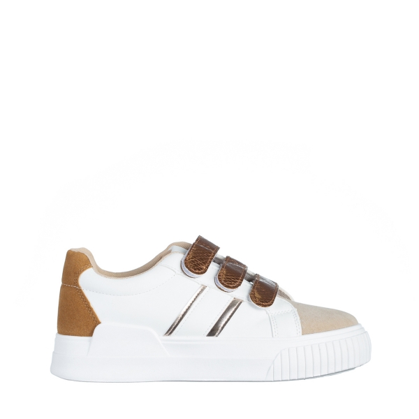 Γυναικεία αθλητικά παπούτσια  λευκά cu μπεζ σκούρο από οικολογικό δέρμα   Oakley, 2 - Kalapod.gr