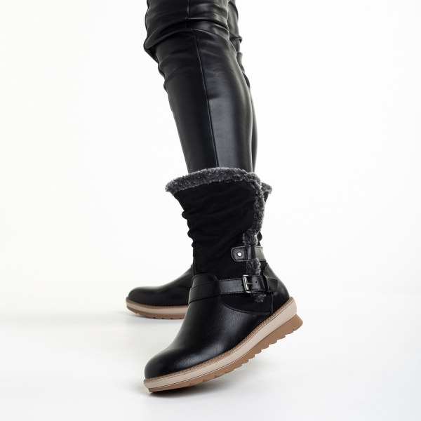 Γυναικείες μπότες μαύρες  από οικολογικό δέρμα και ύφασμα Collete, 3 - Kalapod.gr