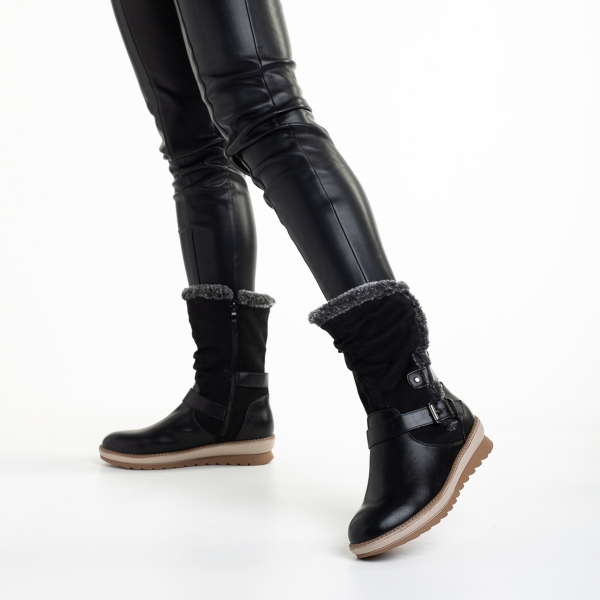 Γυναικείες μπότες μαύρες  από οικολογικό δέρμα και ύφασμα Collete, 4 - Kalapod.gr