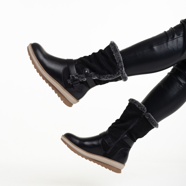 Γυναικείες μπότες μαύρες  από οικολογικό δέρμα και ύφασμα Collete, 6 - Kalapod.gr