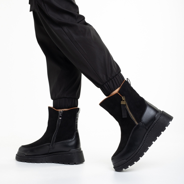 Γυναικείες μπότες μαύρες  από οικολογικό δέρμα  και ύφασμα  Sutton, 4 - Kalapod.gr