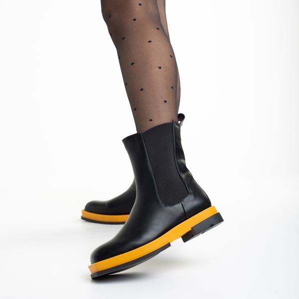 Γυναικείες μπότες μαύρες με κίτρινο από οικολογικό δέρμα Verma, 4 - Kalapod.gr