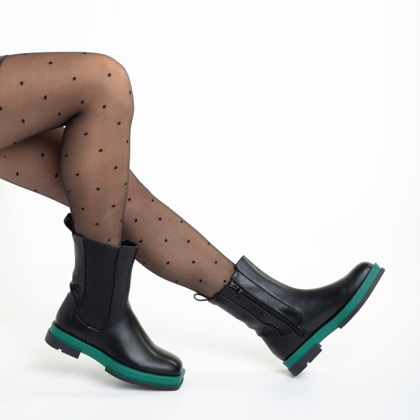Γυναικείες μπότες μαύρες με πράσινο από οικολογικό δέρμα Verma, 5 - Kalapod.gr