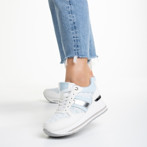 Γυναικεία αθλητικά παπούτσια  λευκά με μπλε από οικολογικό δέρμα  και ύφασμα  Yakelin, 3 - Kalapod.gr