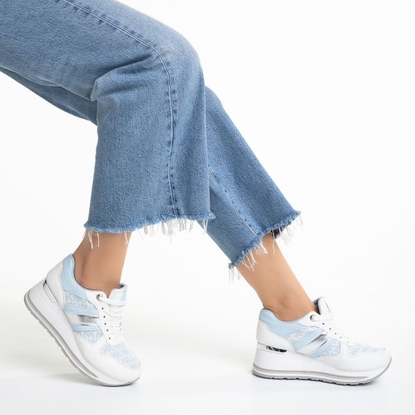 Γυναικεία αθλητικά παπούτσια  λευκά με μπλε από οικολογικό δέρμα  και ύφασμα  Yakelin - Kalapod.gr