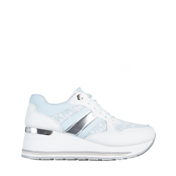 Γυναικεία αθλητικά παπούτσια  λευκά με μπλε από οικολογικό δέρμα  και ύφασμα  Yakelin, 2 - Kalapod.gr