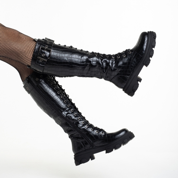 Γυναικείες μπότες μαύρες  Croco από οικολογικό δέρμα  Dalaysia, 6 - Kalapod.gr