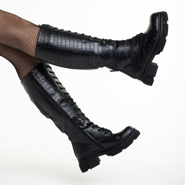Γυναικείες μπότες μαύρες Croco  από οικολογικό δέρμα  Maybelle, 6 - Kalapod.gr