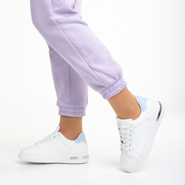 Γυναικεία αθλητικά παπούτσια  λευκά με μπλε από οικολογικό δέρμα Denesha, 5 - Kalapod.gr