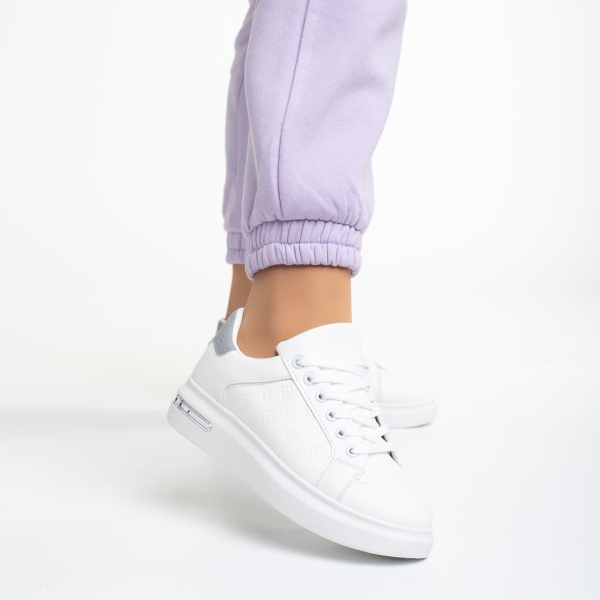 Γυναικεία αθλητικά παπούτσια  λευκά με γκρί από οικολογικό δέρμα Denesha, 3 - Kalapod.gr
