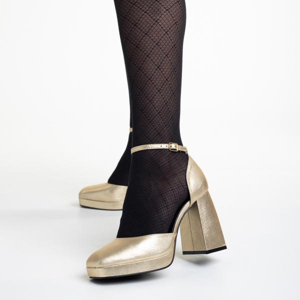 Γυναικεία παπούτσια  χρυσάφι από οικολογικό δέρμα με τακούνι Oneka, 3 - Kalapod.gr