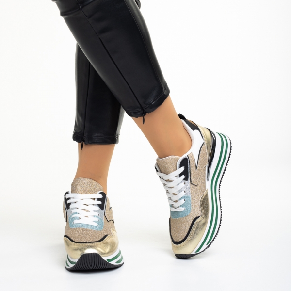 Γυναικεία αθλητικά παπούτσια  χρυσάφι από οικολογικό δέρμα και ύφασμα Dottie, 4 - Kalapod.gr