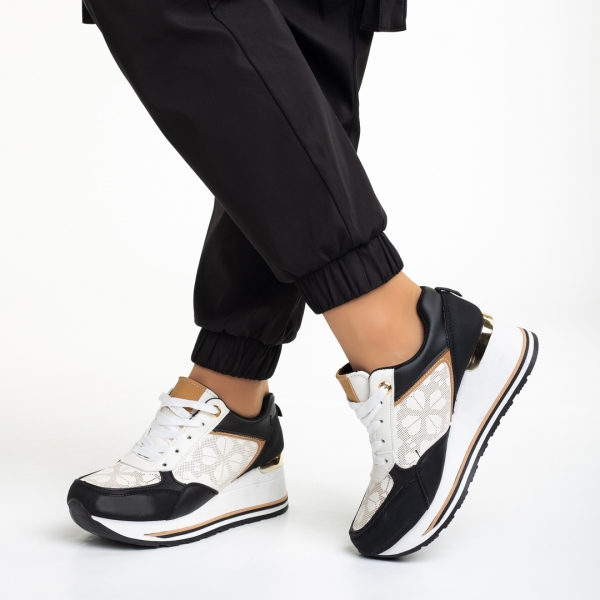 Γυναικεία αθλητικά παπούτσια  μαύρα με μπεζ από οικολογικό δέρμα Florencia, 4 - Kalapod.gr