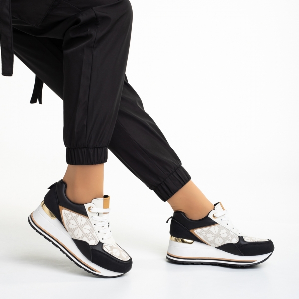 Γυναικεία αθλητικά παπούτσια  μαύρα με μπεζ από οικολογικό δέρμα Florencia, 5 - Kalapod.gr
