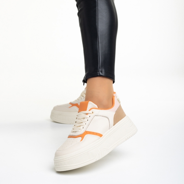 Γυναικεία αθλητικά παπούτσια  μπεζ με πορτοκαλί από οικολογικό δέρμα Tayah - Kalapod.gr