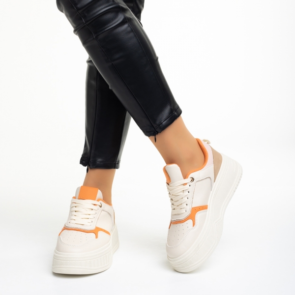 Γυναικεία αθλητικά παπούτσια  μπεζ με πορτοκαλί από οικολογικό δέρμα Tayah, 4 - Kalapod.gr