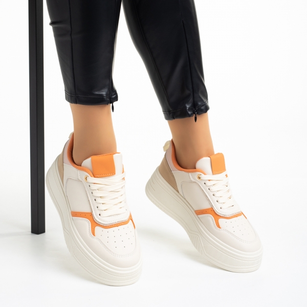 Γυναικεία αθλητικά παπούτσια  μπεζ με πορτοκαλί από οικολογικό δέρμα Tayah, 5 - Kalapod.gr