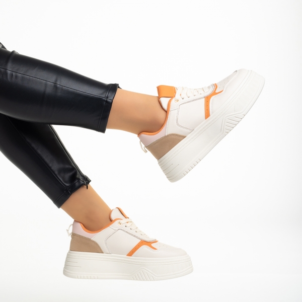 Γυναικεία αθλητικά παπούτσια  μπεζ με πορτοκαλί από οικολογικό δέρμα Tayah, 6 - Kalapod.gr